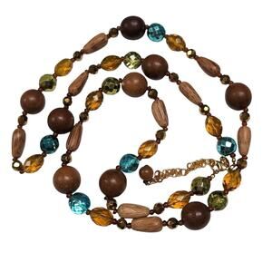 Joan Rivers Long Beaded Necklace with Clasp Mixed Media Blue Brown Gold Tone 41"
